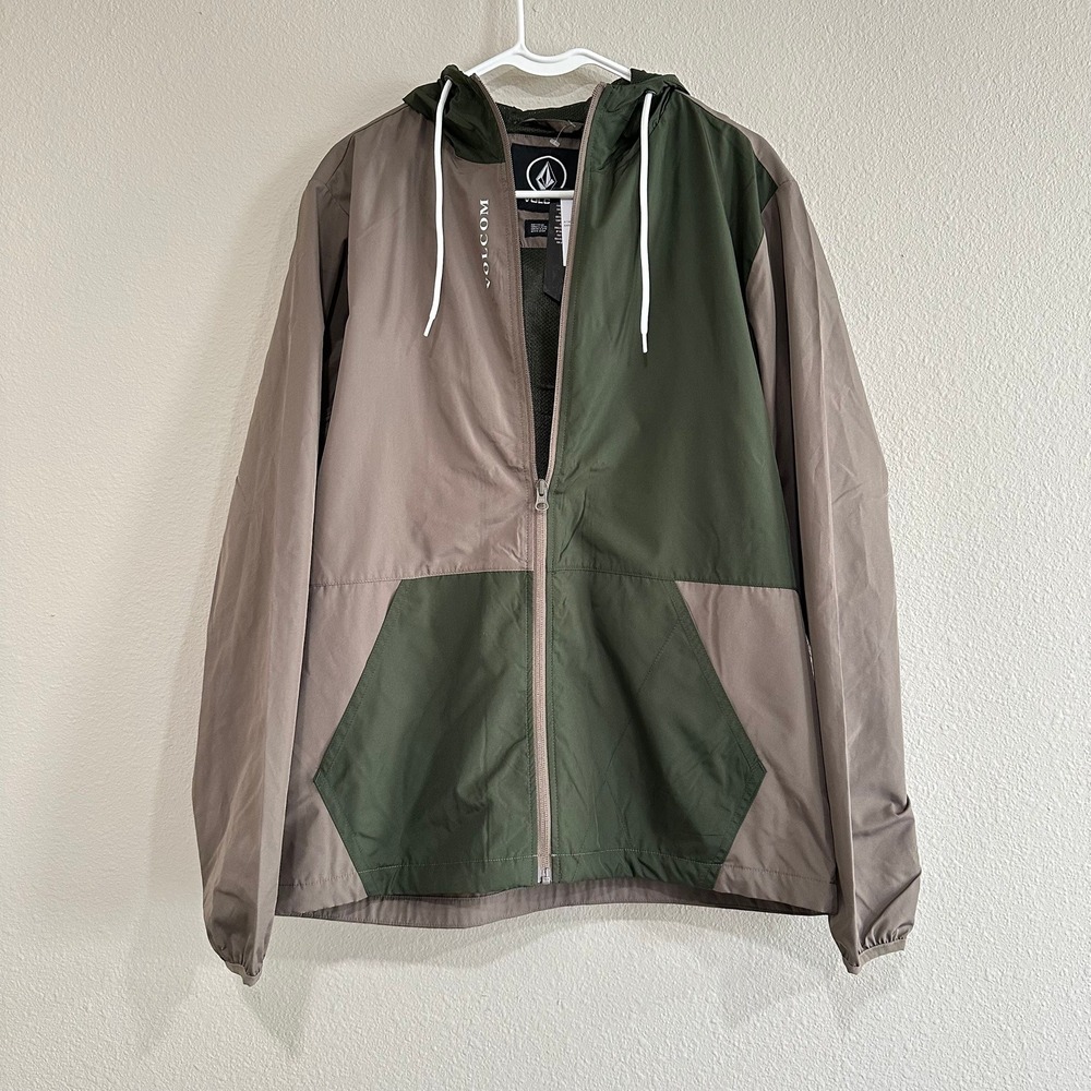 Volcom Karlin Jacket Men's Medium Brown Green Colorblock Hooded Windbreaker NEW